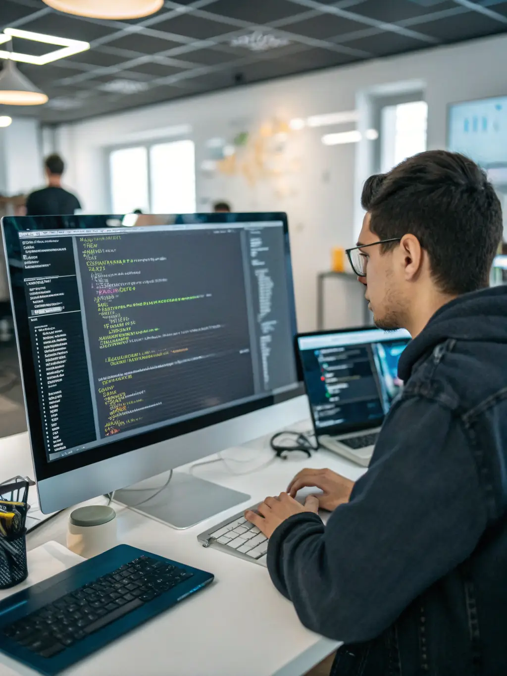 A developer working on a computer with AI and web interface elements displayed, showcasing YMEquity's AI Integration & Web Development service.