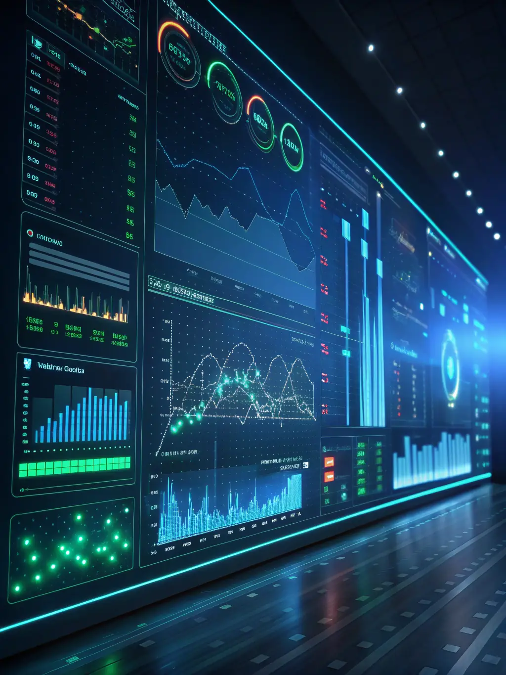 A futuristic interface showing AI algorithms optimizing a marketing campaign in real-time, used to represent YMEquity's advanced AI capabilities.