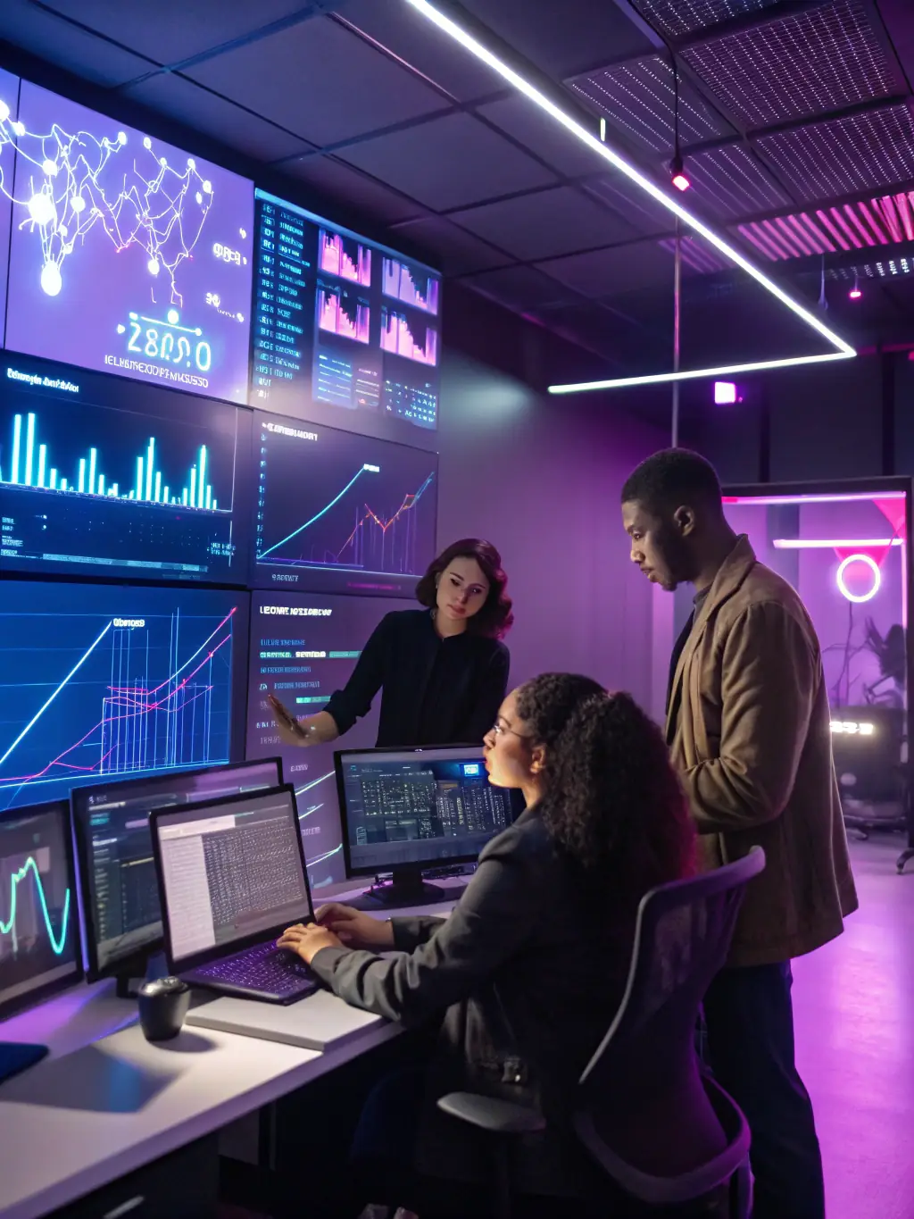 An image of a modern office with digital dashboards and automation workflows on screens, representing YMEquity's Business Automation Solutions.