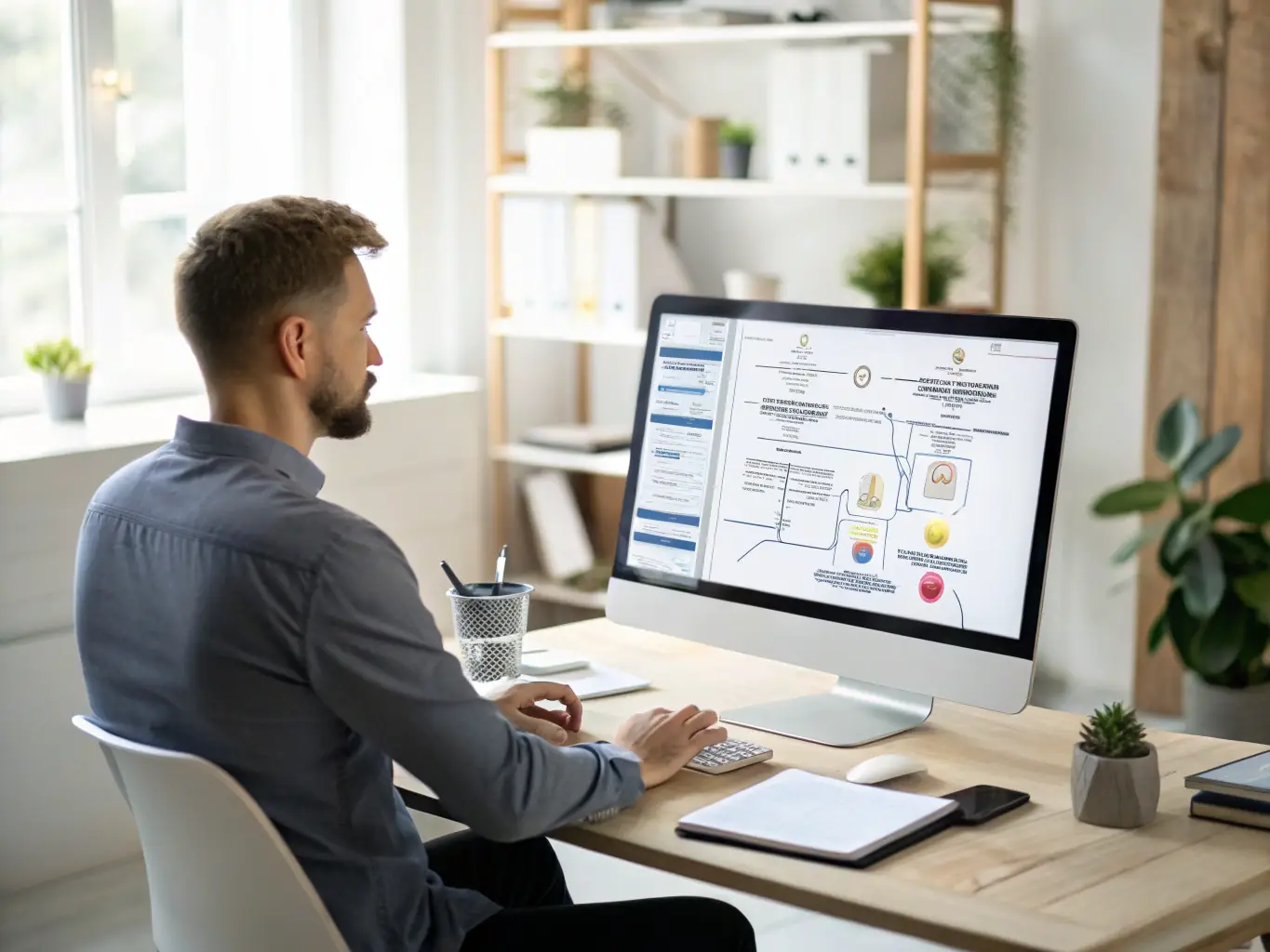 A consultant reviewing a detailed automation workflow diagram on a large screen, showcasing the streamlining of operations for a client.