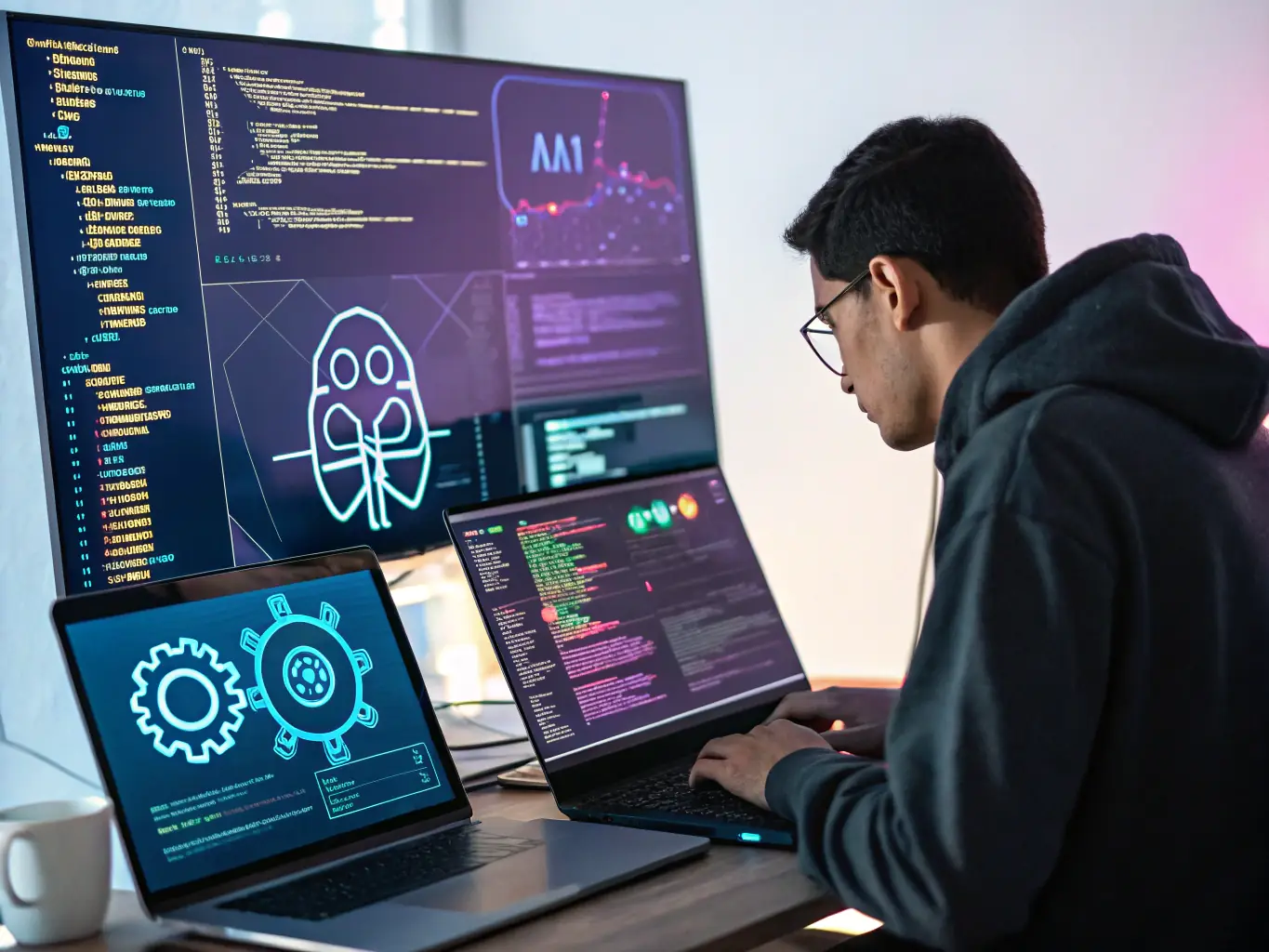 A developer integrating AI algorithms into a website's backend, enhancing user experience and functionality for a client.
